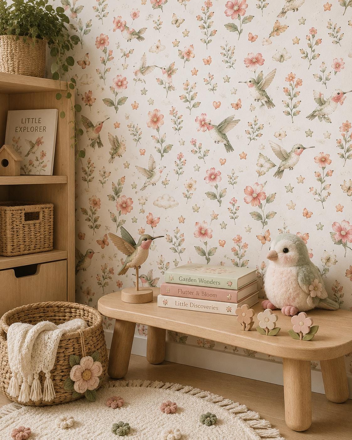 Hummingbird Floral Wallpaper: Garden Bird Nursery Mural