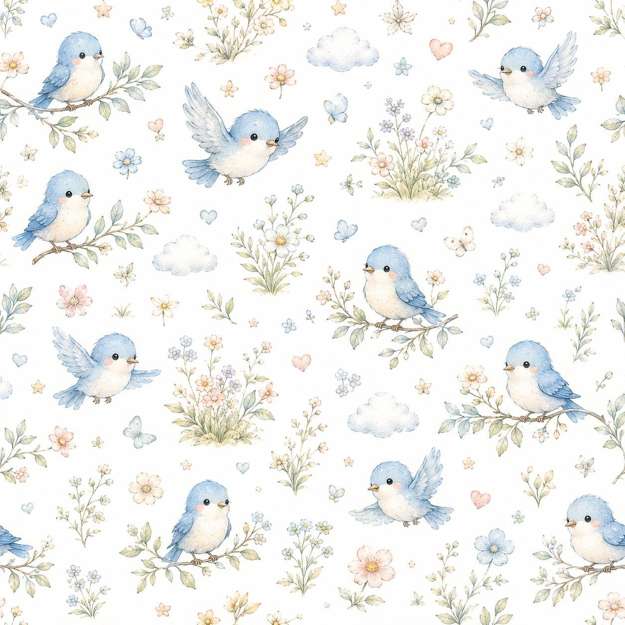 Bluebird Meadow Wallpaper: Floral Bird Nursery Mural