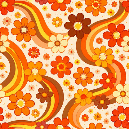 Retro Orange Floral Wallpaper: 70s Groovy Peel and Stick Mural