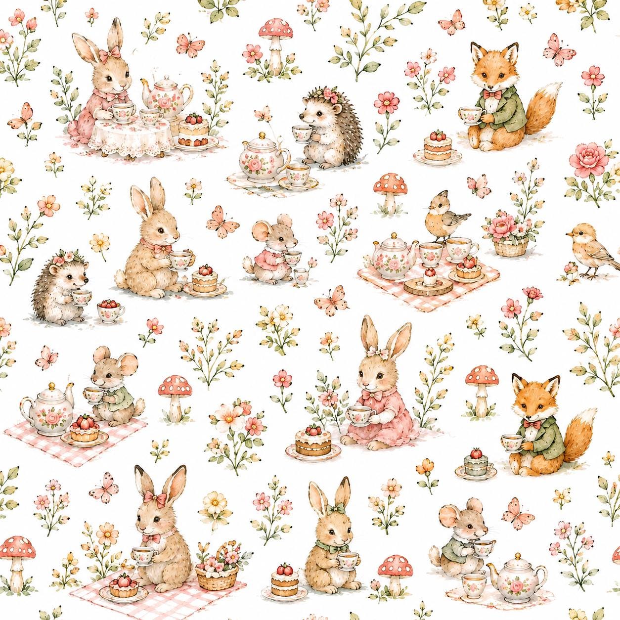 Garden Tea Party Animal Wallpaper: White Nursery Wall Mural