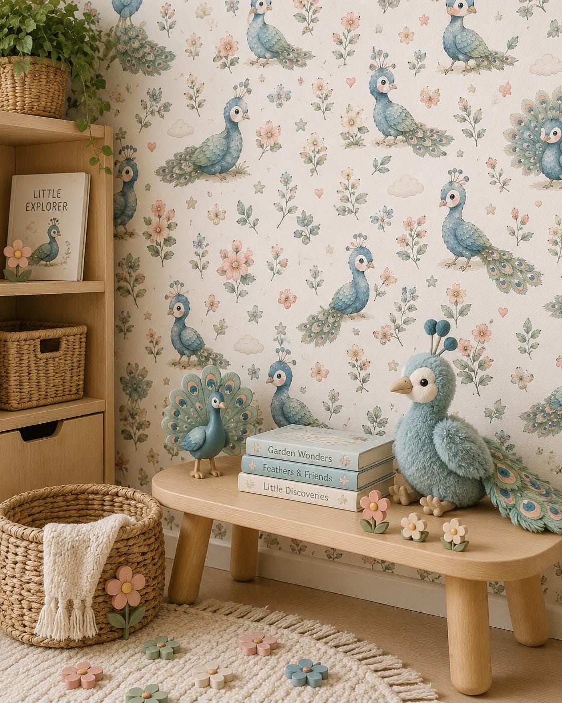 Peacock Garden Wallpaper: Floral Bird Nursery Wall Mural