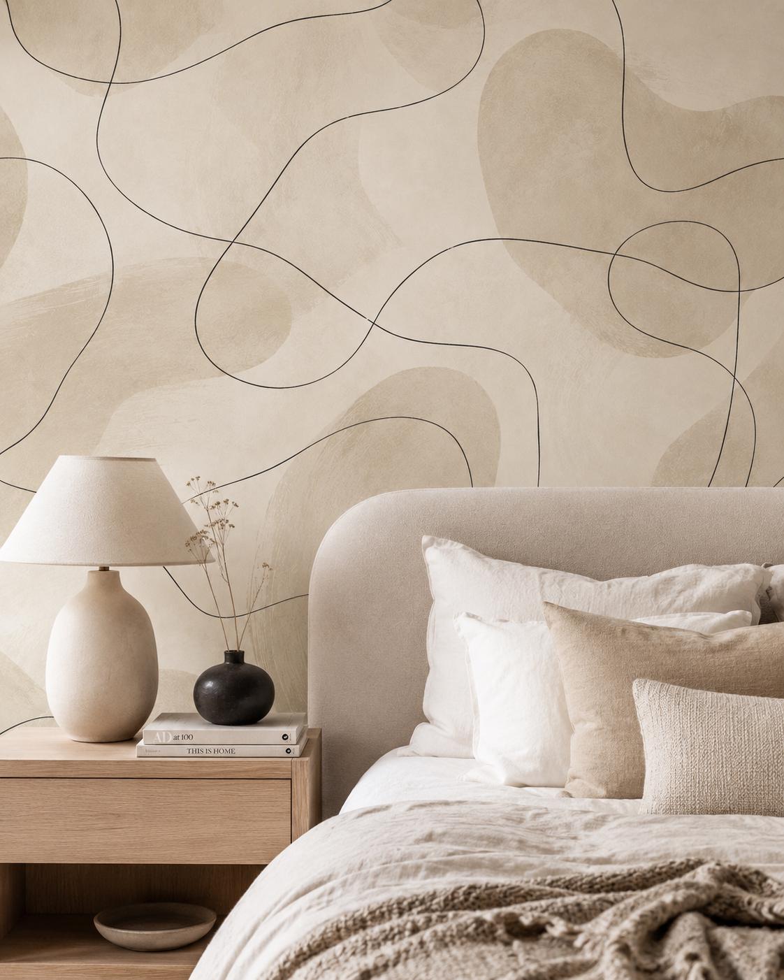 Cream Line Art Wallpaper: Black Abstract Wall Mural