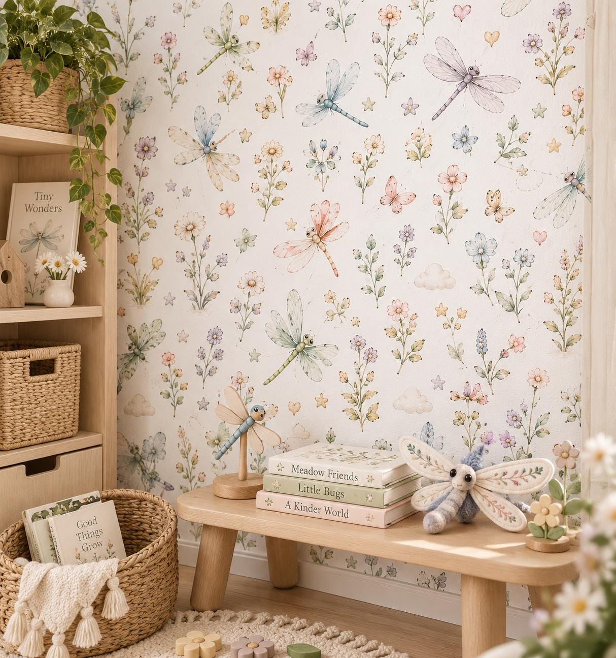 Dragonfly Meadow Wallpaper: Floral Nature Nursery Mural