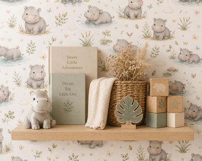 Custom Hippo River Nursery Wallpaper: Peel and Stick Mural (Custom Size)