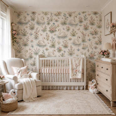 Swan Lake Floral Wallpaper: Elegant Nursery Wall Mural
