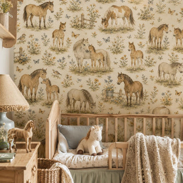 Vintage Horse Meadow Wallpaper: Countryside Nursery Wall Mural