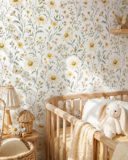 Yellow Daisy Wallpaper: White Cottage Floral Wall Mural