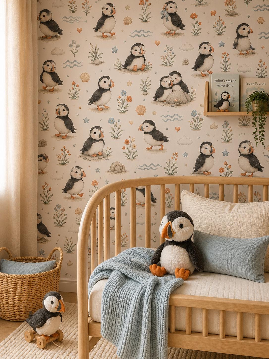 Puffin Coastal Wallpaper: Seaside Bird Nursery Mural