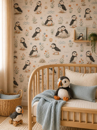 Puffin Coastal Wallpaper: Seaside Bird Nursery Mural