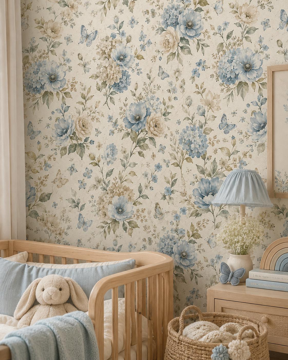 Dusty Blue Floral Wallpaper: Soft Botanical Nursery Wall Mural