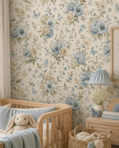 Dusty Blue Floral Wallpaper: Soft Botanical Nursery Wall Mural