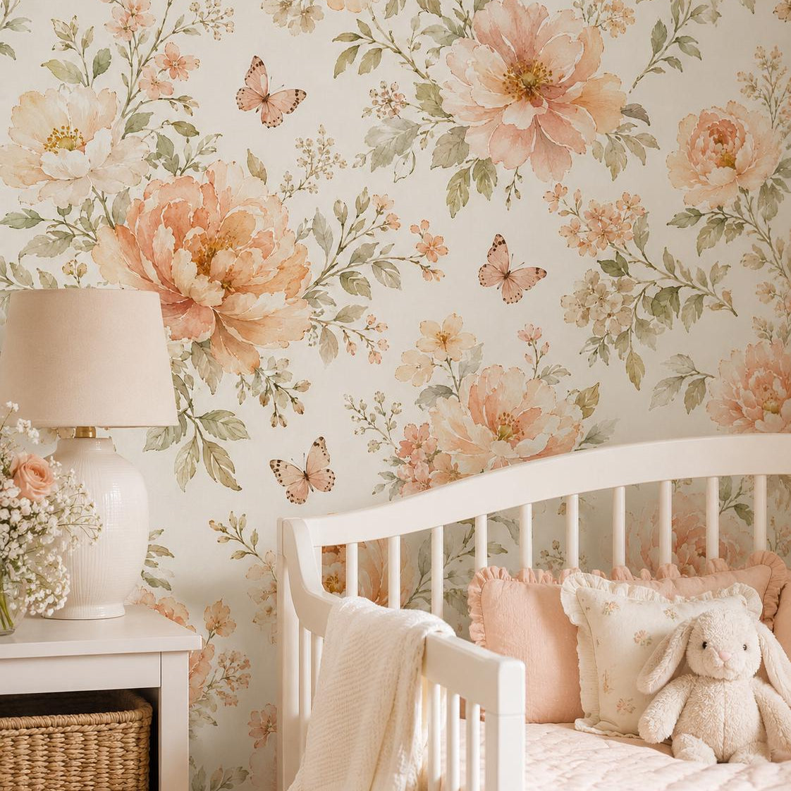 Peach Cream Floral Wallpaper: Soft Nursery Wall Mural
