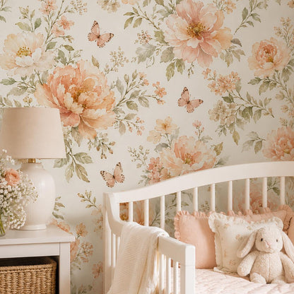 Peach Cream Floral Wallpaper: Soft Nursery Wall Mural