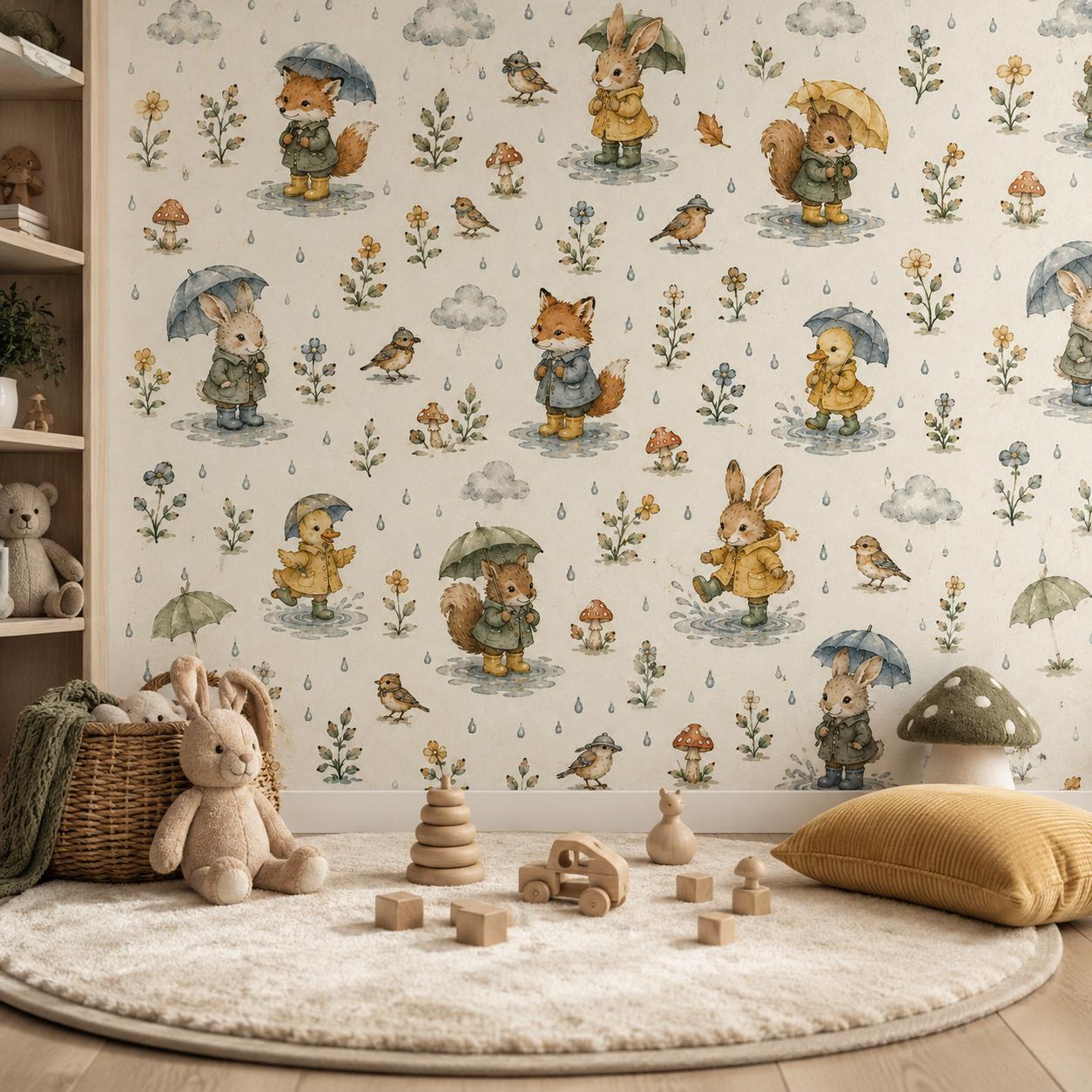Rainy Day Woodland Wallpaper: Cozy Nursery Wall Mural