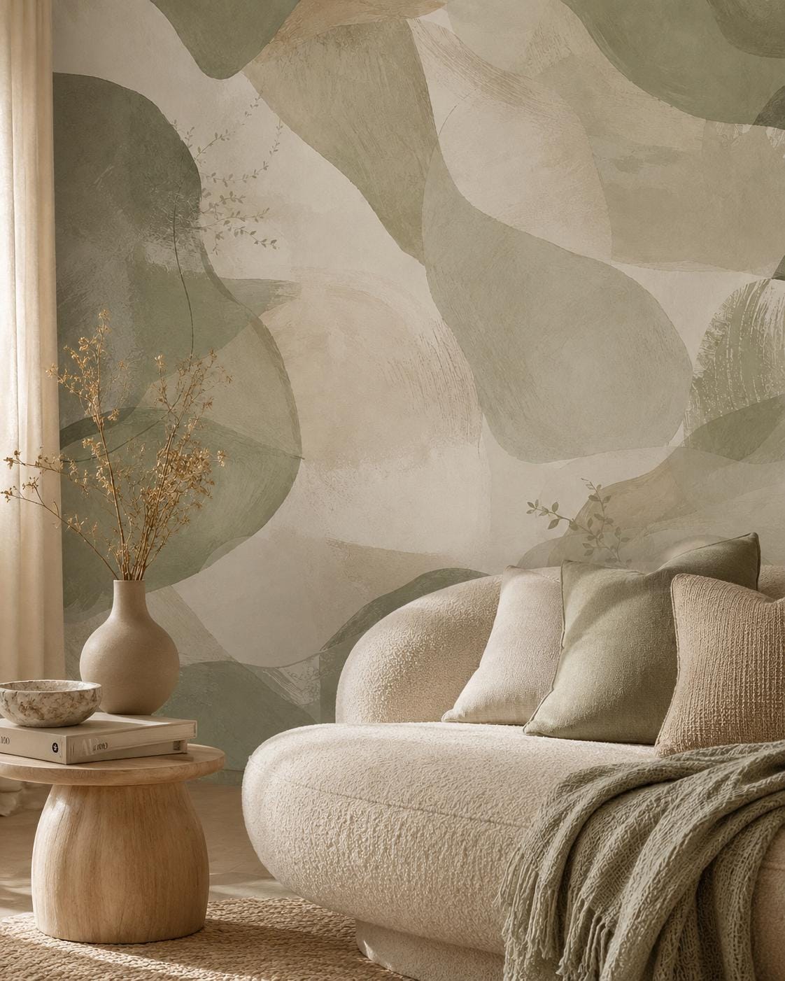 Sage Abstract Wallpaper: Soft Green Organic Wall Mural