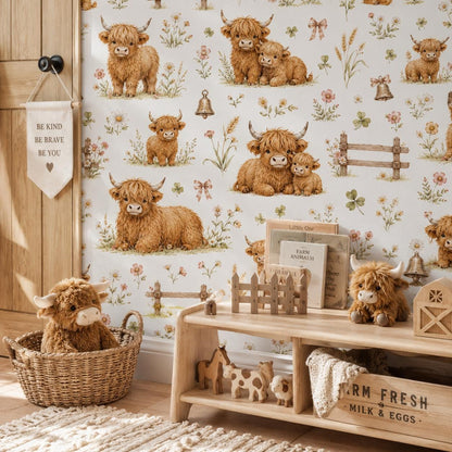 Highland Cow Wallpaper: Farmhouse Nursery Mural