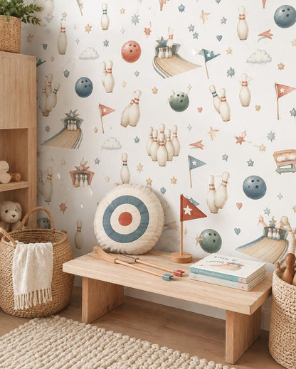 Bowling Pin Wallpaper: Retro Sports Nursery Wall Mural