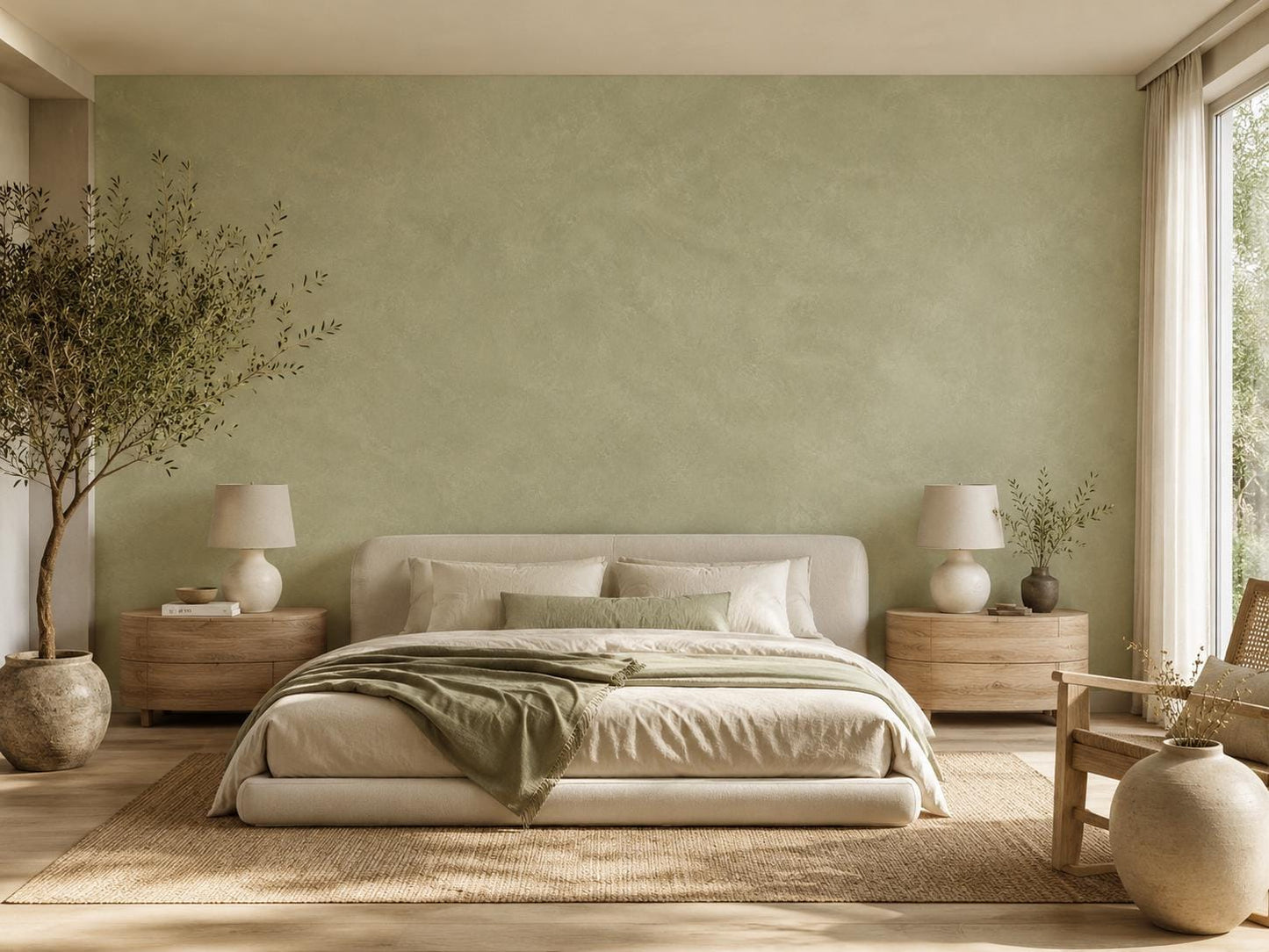 Sage Limewash Wallpaper: Soft Green Plaster Wall Mural