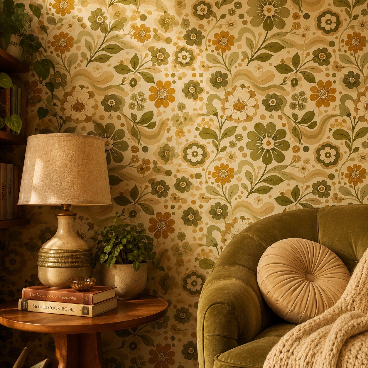 Retro Green Floral Wallpaper: Vintage Groovy Wall Mural