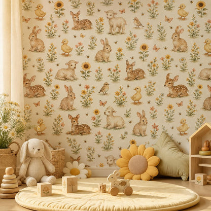Sunny Meadow Animal Wallpaper: Cheerful Nursery Wall Mural