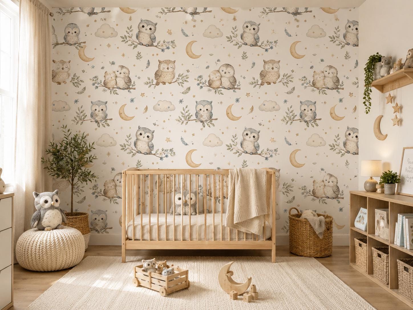 Owl Moon Wallpaper: Celestial Nursery Mural