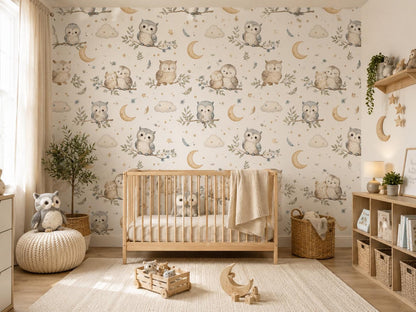 Owl Moon Wallpaper: Celestial Nursery Mural