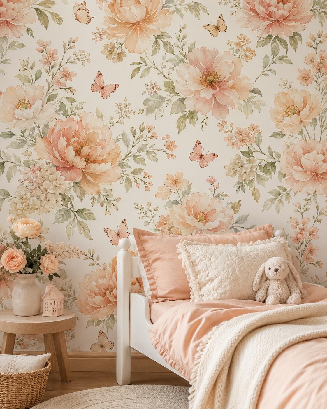 Peach Cream Floral Wallpaper: Soft Nursery Wall Mural