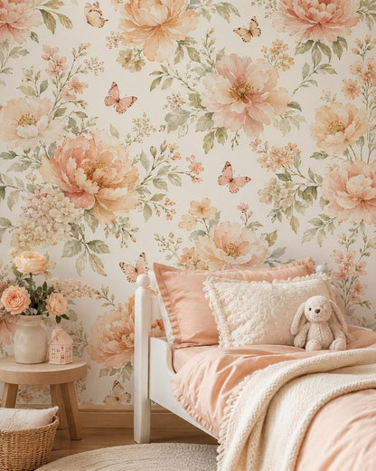 Peach Cream Floral Wallpaper: Soft Nursery Wall Mural