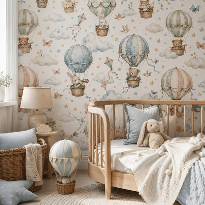 Vintage Balloon Animal Wallpaper: White Nursery Wall Mural