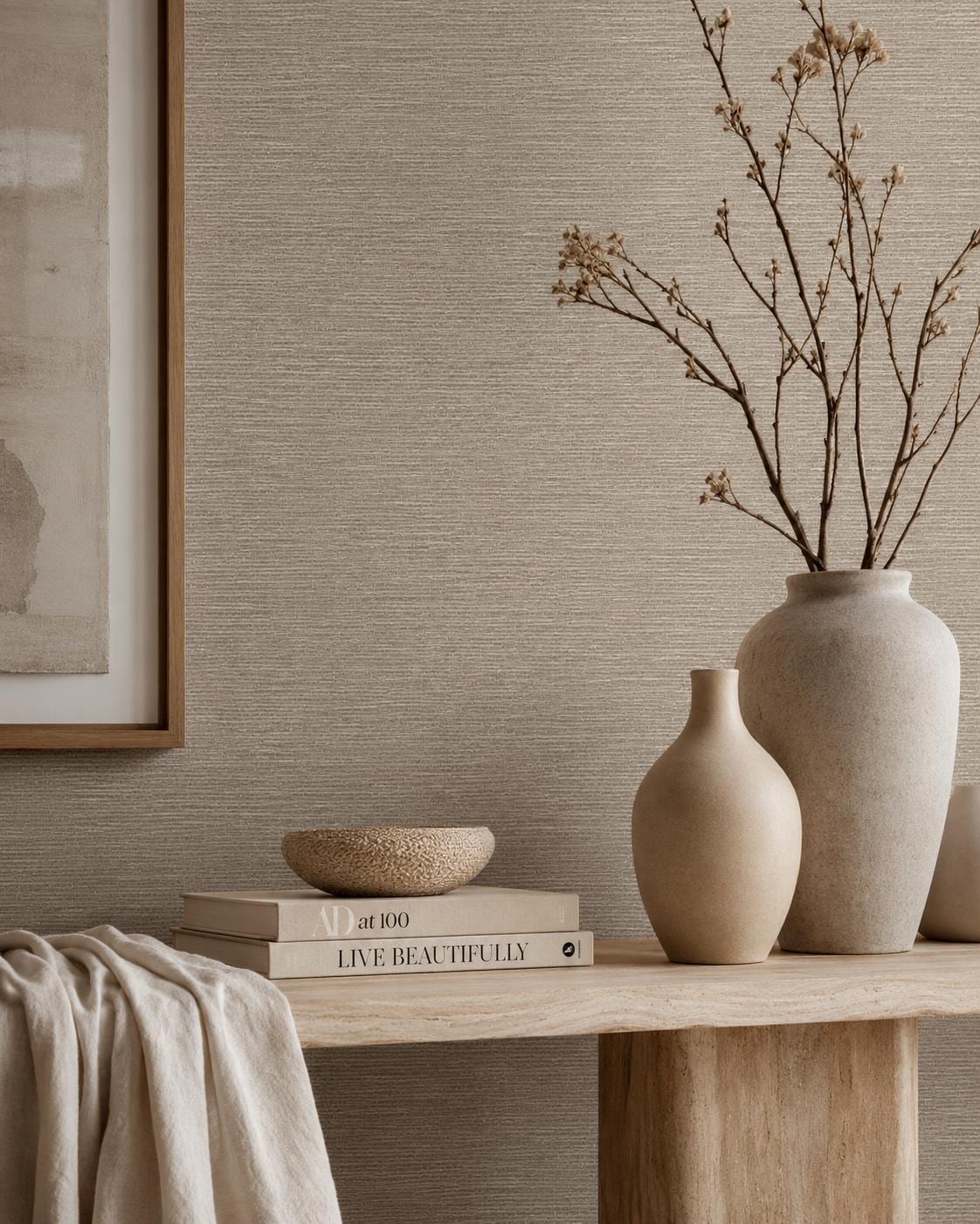 Mushroom Grasscloth Wallpaper: Neutral Woven Wall Mural